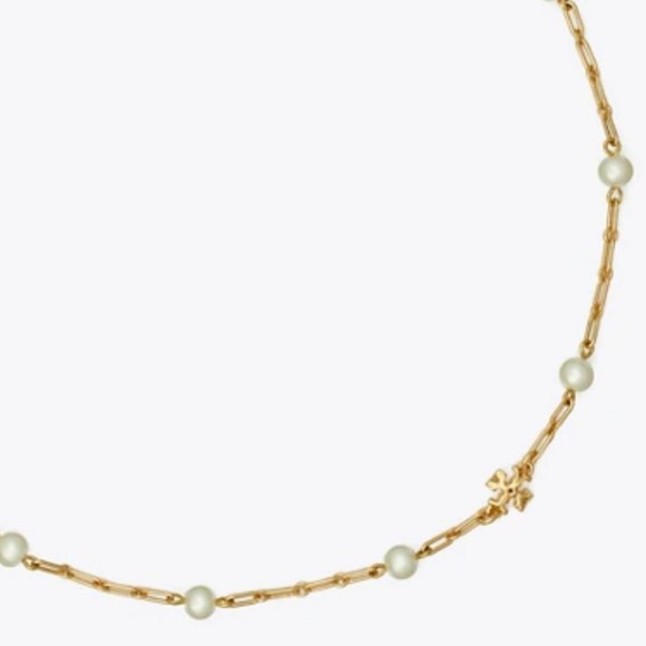 NWT Tory Burch Thin Roxanne Imitation Pearl Detailed 18K-plated Chain Necklace - Picture 2 of 11